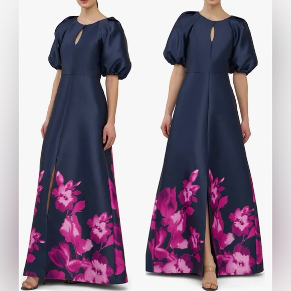 NEW Kay Unger Delfina Puff Sleeve Mikado Midnight/Pink Zinnia Gown Sz 10 - Picture 2 of 9